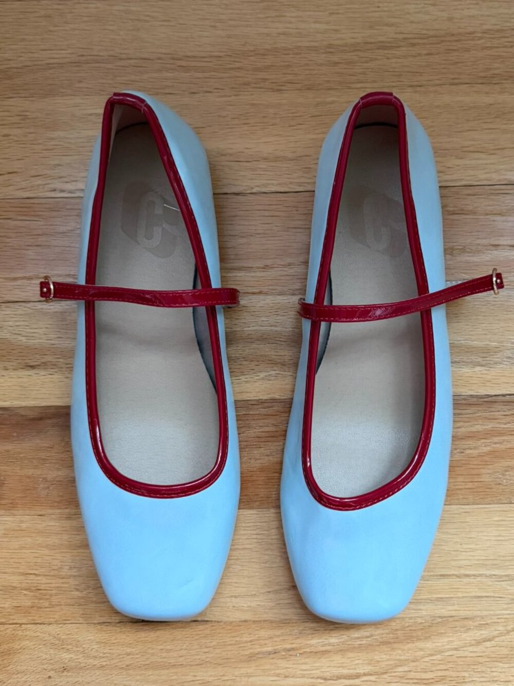 Light Blue Square Toe Mary Jane Flats Red Trim Patent Strap 38 - Picture 6 of 10